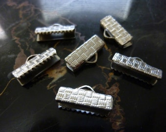 Vintage Ribbon End Clasps, 1950s Silver Plated with Basket Weave Design, Jewelry Findings, 16x6mm, 12 pcs. (C19)