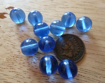 24 Vintage 9mm Sapphire Blue Glass Beads C33