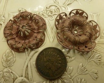 2 Vintage Filigree Flower, 1940s-50s Round 5 Petal Filigree Haskell Stamping, Raw Unplated Brass, 29.75mm in Diameter, 2 pieces C52