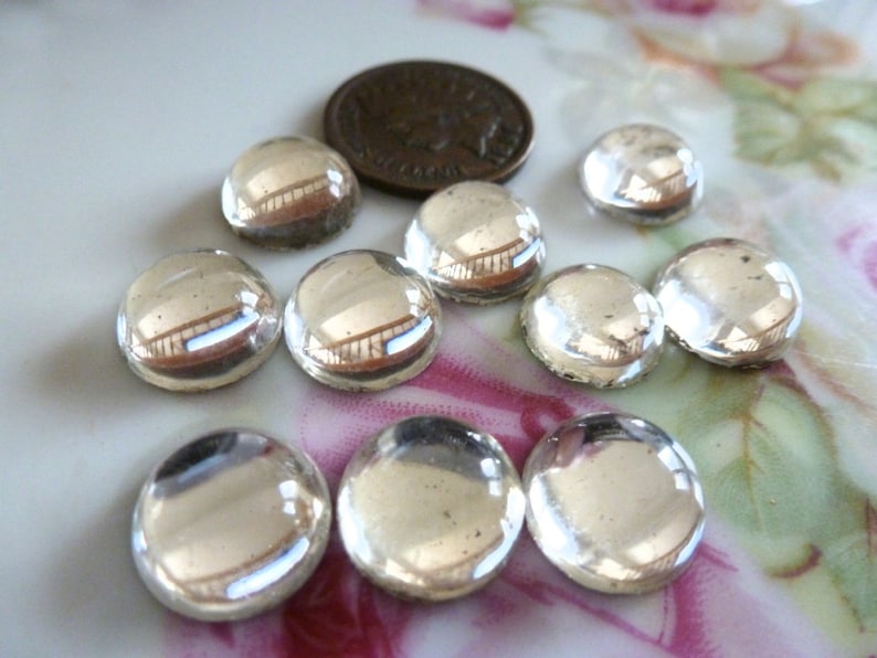 C46 11mm in Diameter x 5mm Thick Smooth Round Tops Gold Foiled Flat Backs 10 Vintage Clear Round Glass Cabs Made in Germany 10 pcs.