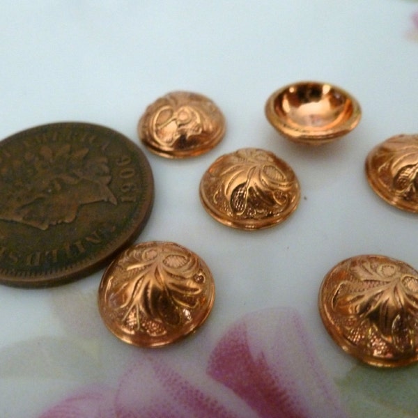 Vintage Brass Cabochons, 1960s Small Round Art Nouveau Bead Caps, Leaf Design, Copper Plated Die Cast Jewelry Findings 9mm, 6 pcs. (C18a)
