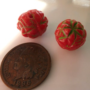 RARE 2 Vintage Czech "Neiger" Opaque Red w/Green Egyptian Motif Glass HALF DRILLED Pendant Drops C42