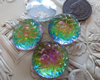 1 or 2 Vintage 18mm Czech Glass Jewel/Stone, Rock Bumpy Vitrail Watermelon, Iris, Rainbow Faceted Back Round Foiled Cab AntqBin