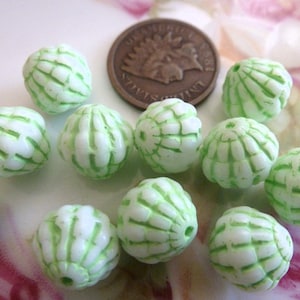 6 Vintage Czech "Neiger" Opaque Lime Green White 10mm Egyptian Motif Glass Beads, C42