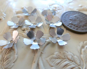 8 Vintage  Flower Stampings, 1970s Small 5 Petal Dapped Silver Metal Jewelry Findings or Embellishments, 10mm, 8 pcs. (C23)