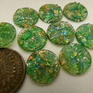 2 Amazing RARE Vintage Green Relief Rose Flower, Foil Dragon's Breath Blue Flash Glass Cab Cabochons, approx 12.8 mm in Diameter C49 image 7