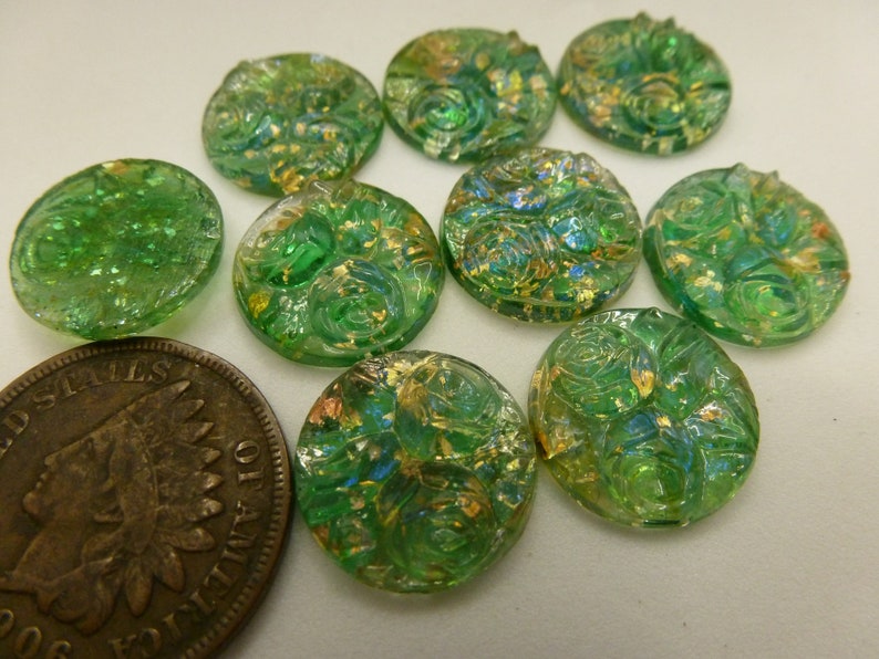 2 Amazing RARE Vintage Green Relief Rose Flower, Foil Dragon's Breath Blue Flash Glass Cab Cabochons, approx 12.8 mm in Diameter C49 image 7