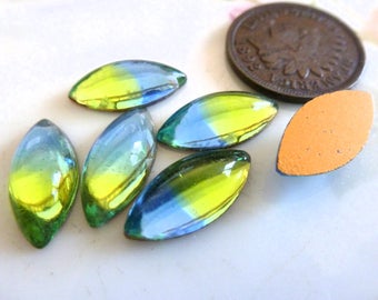 6 Old German Glass Sabrina Sapphire Blue Lime FB Stones, Two Tone Blue & Green Jewels, 15 x 7mm, C3
