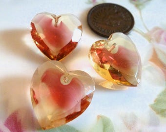 2 Vintage 1940s Jonquil/Rose Sabrina, Two Tone Glass Heart Pendants, Heart Drop, Top Drilled, Flat Surface, 18x17mm, 2 pieces