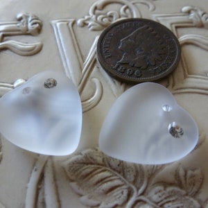 2 Vintage 16 x 17.5mm Frosted Glass Heart Pendants w/Rhinestone W. German or Austrian C29