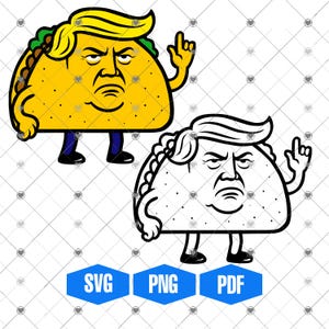 May include: Two cartoon tacos with human-like features. One is in color, featuring a yellow shell, green and brown fillings, and a blonde hairstyle. The other is a black and white outline. Both have a stern expression and are pointing upwards.