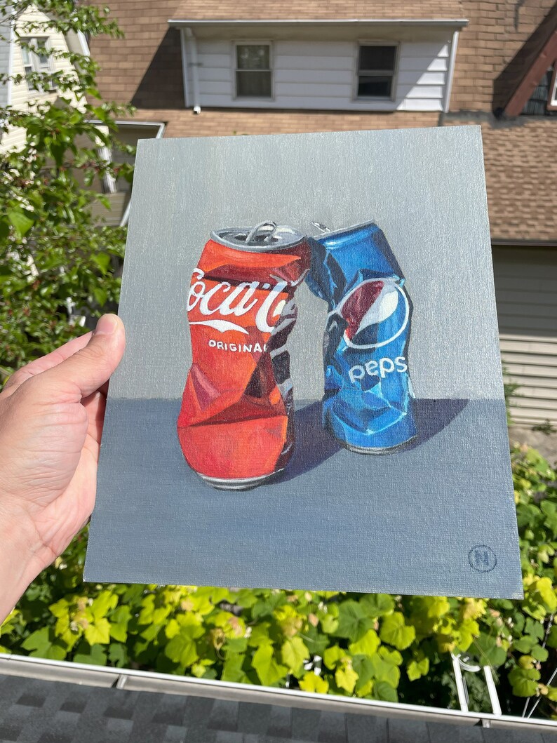 Handmade Original Oil Painting: Crushed Coke & Pepsi Cans, 9.4x12 ...