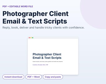 Modèles d'e-mails pour photographes et clients, modèles de réponses aux demandes de réservation de photos, modèles de fichiers PDF et Word pour la livraison des galeries et les demandes d'avis.