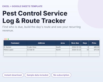 Journal des services de lutte antiparasitaire, Suivi des clients réguliers, Feuille de calcul de planification des itinéraires, Registre des traitements, Excel Google Sheets