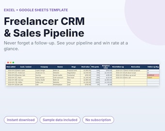 Modèle de feuille de calcul CRM pour freelances, de suivi des clients et du pipeline des ventes, de suivi des prospects, Excel et Google Sheets