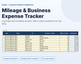 Carnet de kilométrage, Suivi des dépenses professionnelles, Feuille de calcul pour travailleurs indépendants, Suivi des déductions fiscales, Excel et Google Sheets