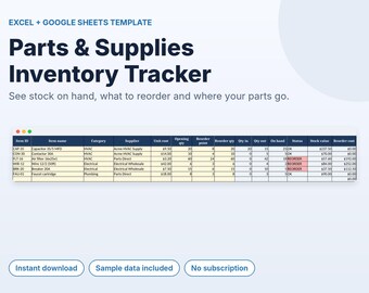 Modèle de feuille de calcul Excel pour Google Sheets : suivi des stocks de pièces et fournitures pour entreprises de services, alerte de réapprovisionnement.