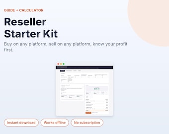 Kit de démarrage revendeur, guide de revente PDF et calculateur de profit hors ligne pour eBay, Poshmark, Mercari, Depop et Vinted, téléchargement instantané