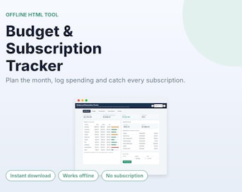Suivi de budget et d'abonnements, planificateur de budget mensuel et suivi des dépenses, outil HTML hors ligne, sans abonnement, fonctionne dans le navigateur