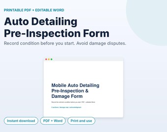 Formulaire de pré-inspection pour le nettoyage automobile, rapport d'état du véhicule, liste de contrôle des dommages pour les spécialistes du nettoyage automobile à domicile (PDF et Word)