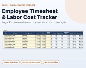 Modèle de feuille de temps pour employés, outil de suivi des coûts de main-d'œuvre pour petites entreprises, calculateur d'heures supplémentaires, Excel et Google Sheets