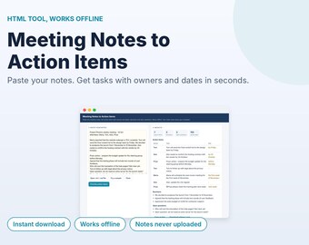Outil de conversion des notes de réunion en actions, extracteur de comptes rendus de réunion avec responsables et échéances, HTML hors ligne, sans abonnement