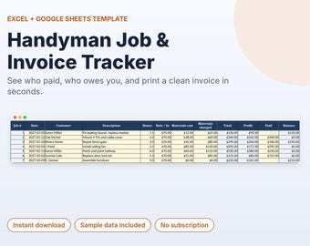 Suivi des interventions de bricolage, Modèle de facture, Suivi des factures impayées, Feuille de calcul pour petits entrepreneurs, Excel Google Sheets