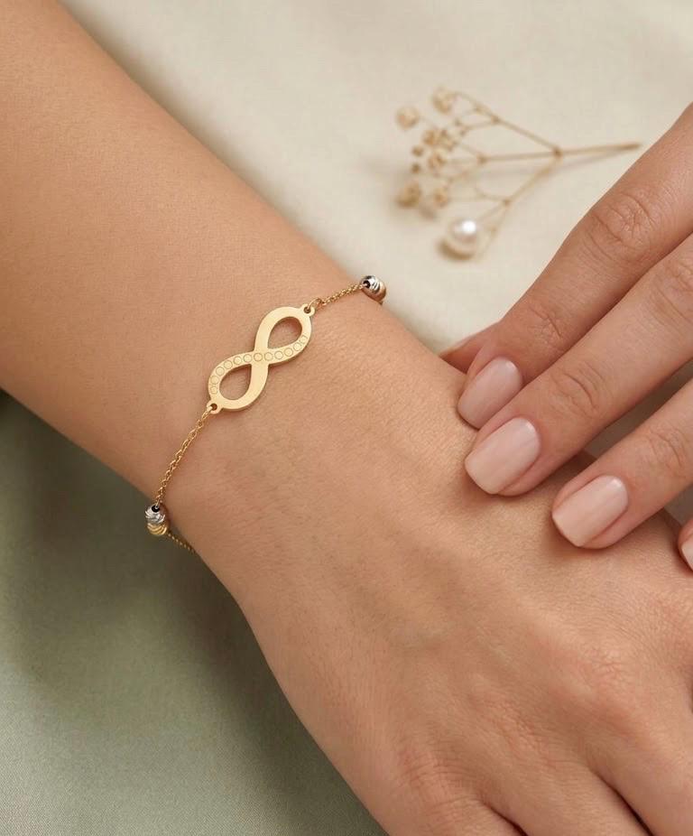 14k Solid Gold Infinity Bracelet, Tri-color Gold Beads, 21cm Chain ...