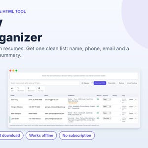 Pode incluir: Uma ferramenta HTML offline intitulada CV Organizer. O ecrã apresenta uma tabela com colunas para nome, telefone, e-mail e resumo, preenchida com dados de exemplo. Abaixo da tabela encontram-se três botões: Instant download, Works offline, No subscription.