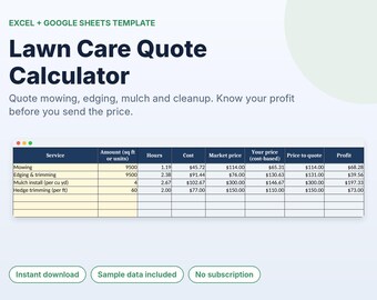 Calculateur de devis d'entretien de pelouse, Modèle d'estimation d'aménagement paysager, Grille tarifaire de tonte, Suivi des clients réguliers, Excel Google Sheets