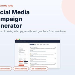 Generator för sociala medier-kampanjer, 30-dagars innehållskalender, annonstext, skapare av e-post och grafik, offline HTML-verktyg för småföretag