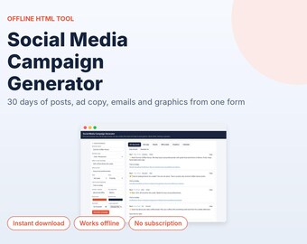 Générateur de campagnes pour les réseaux sociaux, calendrier de contenu sur 30 jours, création de publicités, d'e-mails et de graphismes, outil HTML hors ligne pour les petites entreprises