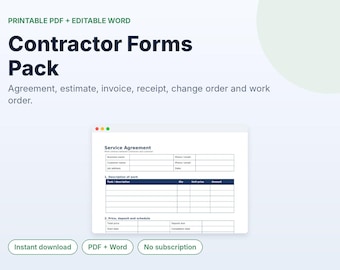 Modèles de contrats de service, factures, devis, reçus et avenants, pack de formulaires pour entrepreneurs, PDF et Word imprimables