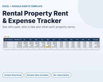 Feuille de calcul de suivi des biens locatifs, registre des loyers, journal des revenus et dépenses du propriétaire, suivi des paiements des locataires, Excel Google Sheets