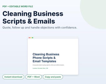 Modèles de scripts téléphoniques et d'e-mails pour entreprises de nettoyage, suivi des devis, gestion des objections, fichier PDF/Word pour l'intégration des clients