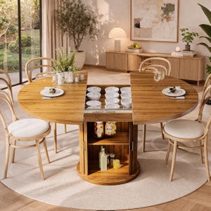 Extendable Round Dining Table with Storage – Modern Wood Kitchen Table for 4-8 People – Space Saving Dining Room Furniture
