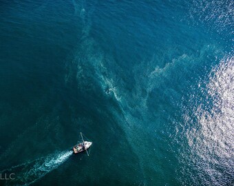 Aerial View of Whitecrest Beach, Wellfleet, MA – Fishing Boat on Deep Blue Ocean