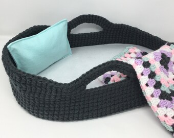 Crocheted Doll Moses Basket and Blanket, Dark Gray / Granny Square