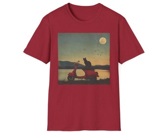 May include: A red vintage scooter with a black cat sitting on the back seat. The scooter is driving on a road with a lake in the background. The moon is visible in the sky.