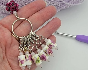 Ceramic Barrel Rose Stitch Markers for Crochet with Holder, Row Counter, Row Marker, Progress Keeper, Yarn Accessories, Crochet Tool