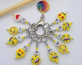 Smiley Face Numbered Stitch Markers for Knitting with Holder, Row Counter, Row Marker, Progress Keeper, Yarn Accessories, Knitters Tool