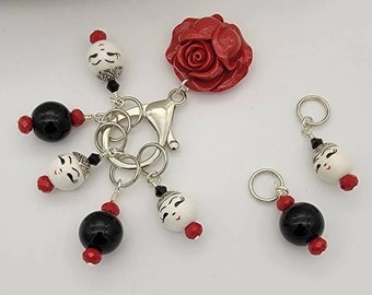 Fashionista Stitch Markers with Red Carved Rose for Knitting with Holder, Row Counter, Row Marker, Progress Keeper, Yarn Tool