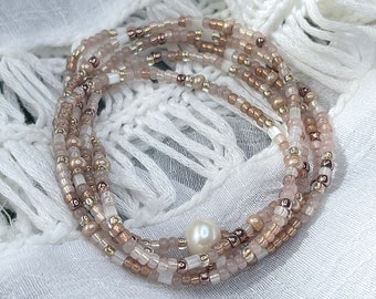 Taupe Pearl Beaded Stretch Wrap Bracelet | Necklace | Stackable | Layering Accessory | Bohemian