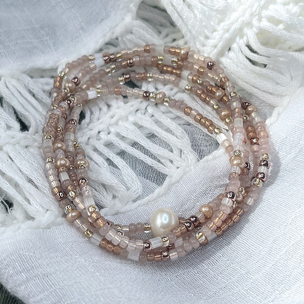 Taupe Pearl Beaded Stretch Wrap Bracelet | Necklace | Stackable | Layering Accessory | Bohemian