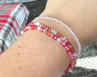 Passion Pink Beaded Bracelet Set | Stretch Bracelets | Tiny Bead Bracelets | Stackable | Layer | Small Bead Bracelet