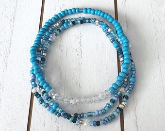 Turquoise Twist Beaded Bracelet Set | Stretch Bracelets | Tiny Bead Bracelets | Stackable | Layer | Small Bead Bracelet