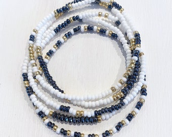 Hematite, White & Gold Individual Beaded Bracelet Set | Stretch Bracelets | Tiny Bead Bracelets | Stackable | Layer | Small Bead Bracelet