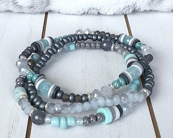 Aqua Gunmetal Beaded Bracelet Set | Stretch Bracelets | Crystal Bracelet Set | Stackable | Layer | Statement Bracelet