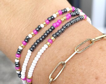 Gunmetal Glamour Pink Beaded Bracelet Set | Stretch Bracelets | Tiny Bead Bracelets | Stackable | Layer | Small Bead Bracelet