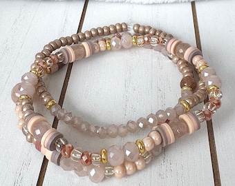 Beige Beaded Bracelet Set | Stretch Bracelets | Crystal Bracelet Set | Stackable | Layer | Statement Bracelet